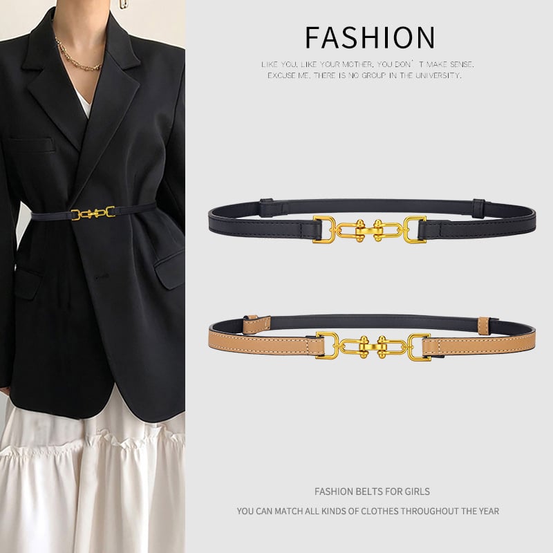 Ženski uski kožni kaiš za struk s dvostrukim slojem kože, kopča od legure, kopčanje kukom, širina < 2 cm