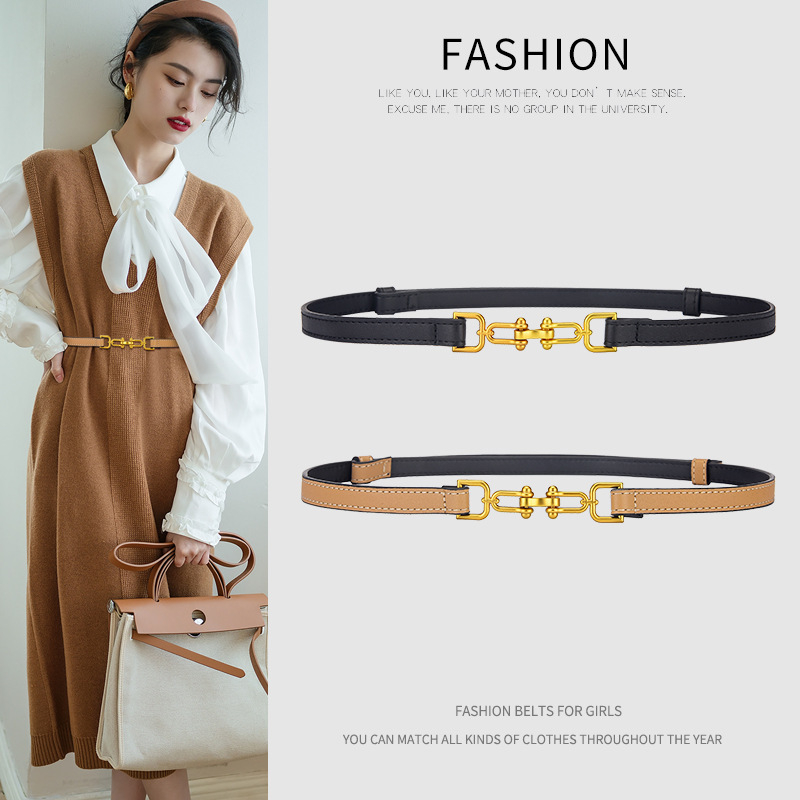 Ženski uski kožni kaiš za struk s dvostrukim slojem kože, kopča od legure, kopčanje kukom, širina < 2 cm