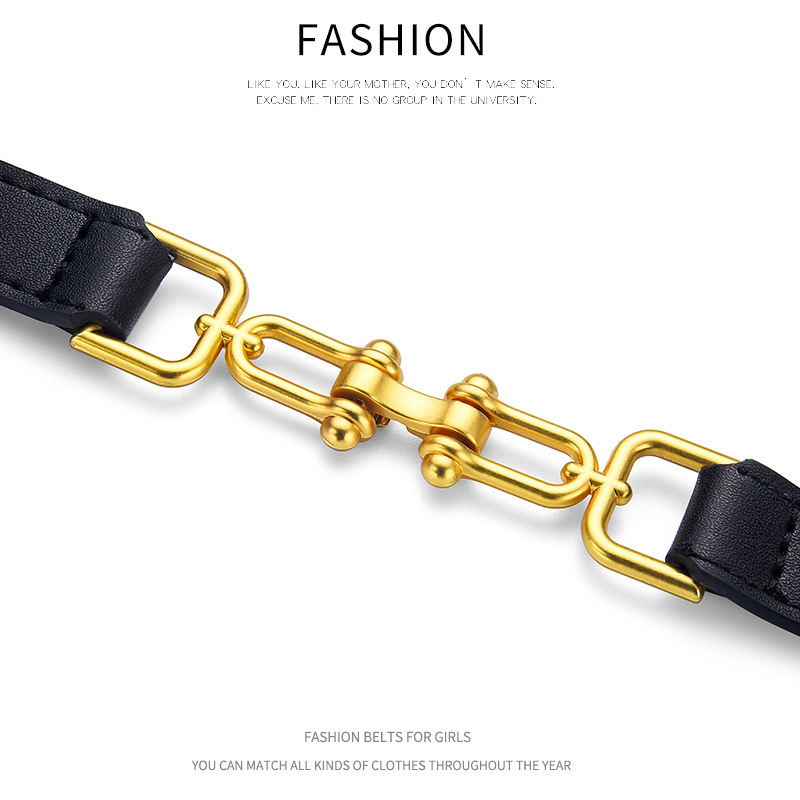 Ženski uski kožni kaiš za struk s dvostrukim slojem kože, kopča od legure, kopčanje kukom, širina < 2 cm