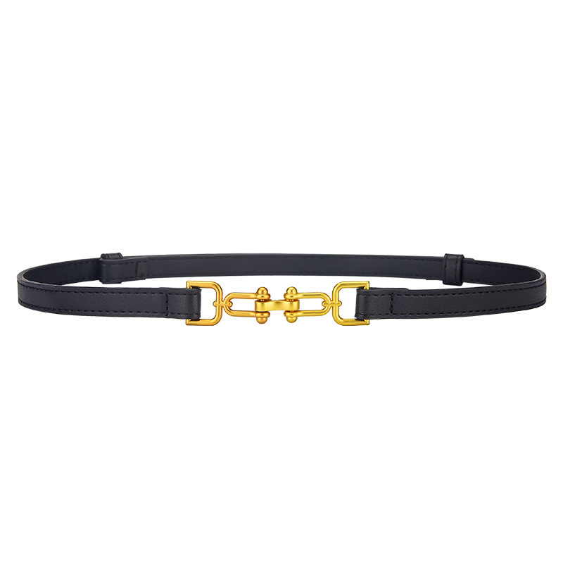 Ženski uski kožni kaiš za struk s dvostrukim slojem kože, kopča od legure, kopčanje kukom, širina < 2 cm