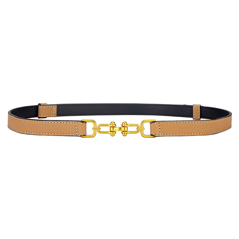 Ženski uski kožni kaiš za struk s dvostrukim slojem kože, kopča od legure, kopčanje kukom, širina < 2 cm