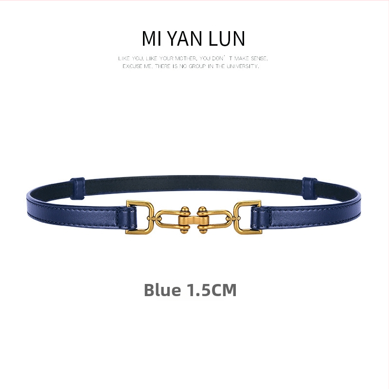 Ženski uski kožni kaiš za struk s dvostrukim slojem kože, kopča od legure, kopčanje kukom, širina < 2 cm