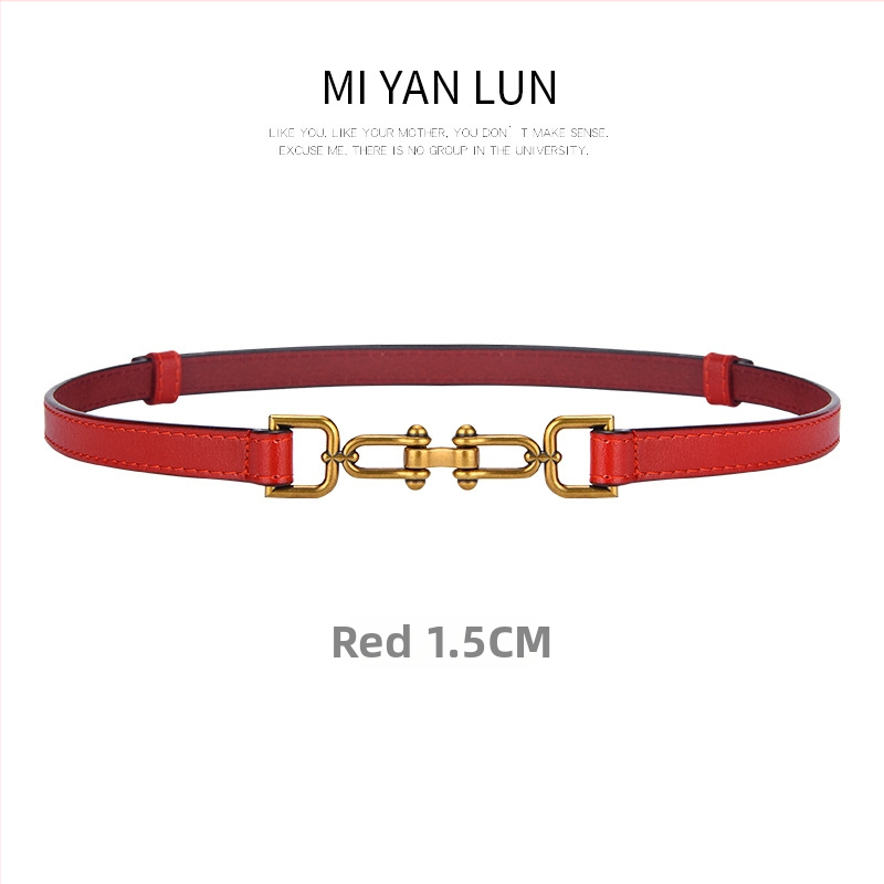 Ženski uski kožni kaiš za struk s dvostrukim slojem kože, kopča od legure, kopčanje kukom, širina < 2 cm