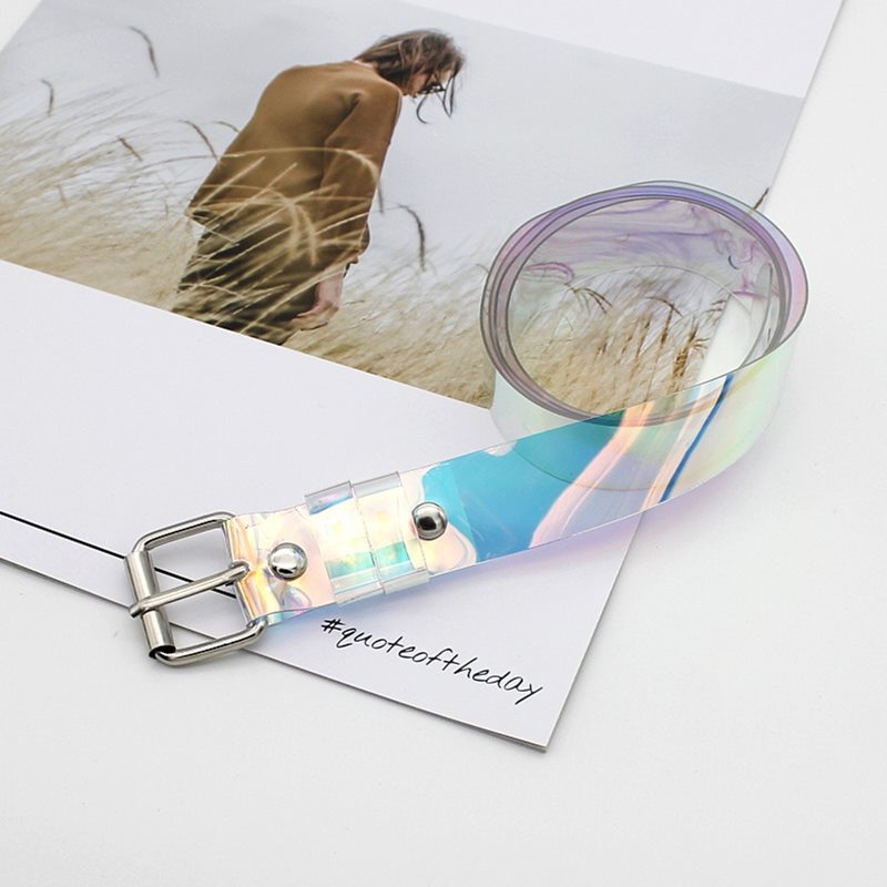 Átlátszó irizáló műanyag öv kamuflázs mintával, négyszögletes fémcsat, tűs csattal