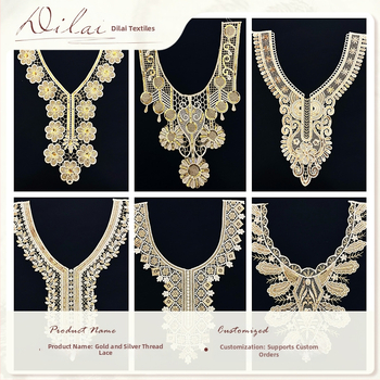 Aukso siūlų siuvinėta apykaklė su gėlių trimatiniu motyvu, V formos kaklas, vandeniui tirpstanti siuvinėjimo nėriniai, prekės ženklas Dielai.