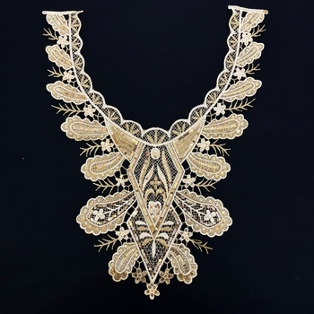 Aukso siūlų siuvinėta apykaklė su gėlių trimatiniu motyvu, V formos kaklas, vandeniui tirpstanti siuvinėjimo nėriniai, prekės ženklas Dielai.