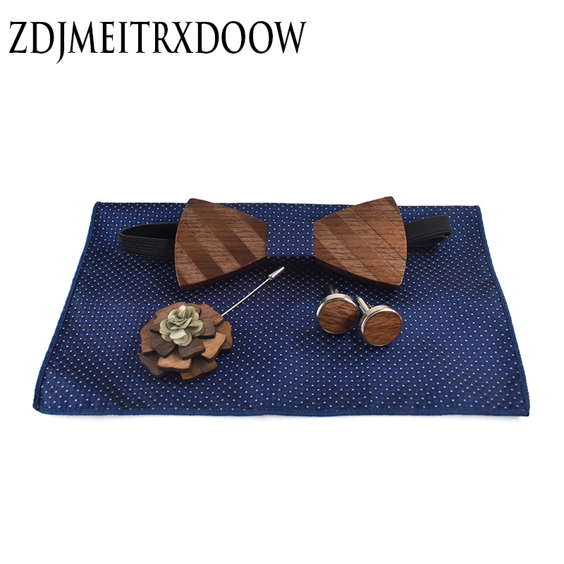 Ξύλινο Σετ Γραβάτας με Τσεπούλα για Τσέπη, Μανσέτες και Brooch — Ριγέ Σχέδιο, CNC Επεξεργασία, Κανονικό Πλάτος Γραβάτας, Unisex