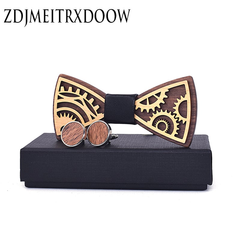 Ξύλινο παπιγιόν με σετ μανικετόκουμπων για γάμο, Unisex, μονόχρωμο σχέδιο, κανονικό πλάτος, ηλεκτροπλατίωση