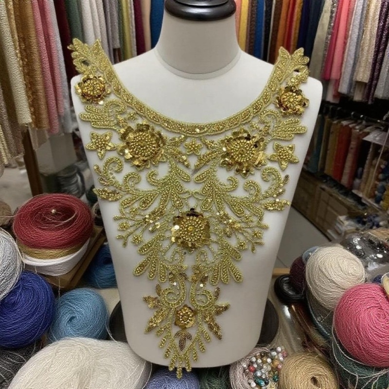 Vestuvinė suknelė su nėrinių appliqué'omis prie kaklo ir krūtinės - rankų darbo diamantų akcentai | Medžiaga: Poliesterio siūlas | Prekės ženklas: Lin sheng