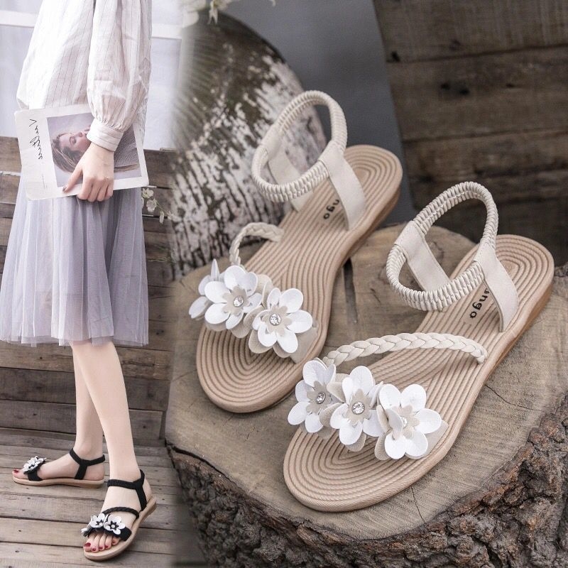 Σανδάλια με ιμές και φλοράλ διακόσμηση, κορεατικό στυλ, ανοιχτό δάχτυλο, χαμηλό τακούνι έως 3 εκ, γλατιατόρ λουριά