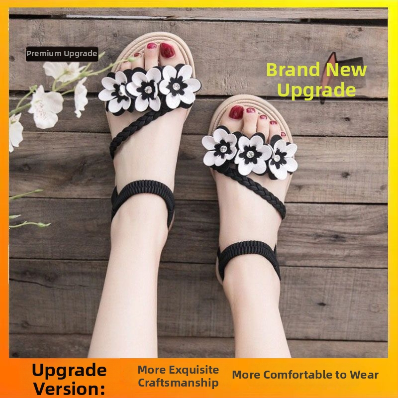 Σανδάλια με ιμές και φλοράλ διακόσμηση, κορεατικό στυλ, ανοιχτό δάχτυλο, χαμηλό τακούνι έως 3 εκ, γλατιατόρ λουριά