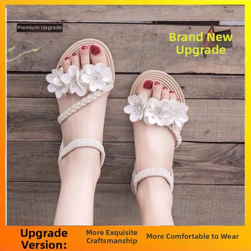 Σανδάλια με ιμές και φλοράλ διακόσμηση, κορεατικό στυλ, ανοιχτό δάχτυλο, χαμηλό τακούνι έως 3 εκ, γλατιατόρ λουριά