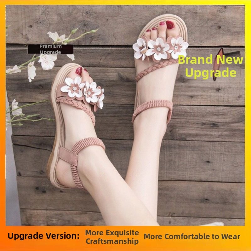 Σανδάλια με ιμές και φλοράλ διακόσμηση, κορεατικό στυλ, ανοιχτό δάχτυλο, χαμηλό τακούνι έως 3 εκ, γλατιατόρ λουριά
