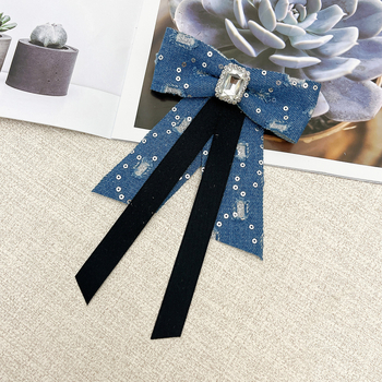 Denim με παγιέτες σε σχήμα καμέλιας, φιόγκος για κολάρο, χειροποίητο, unisex