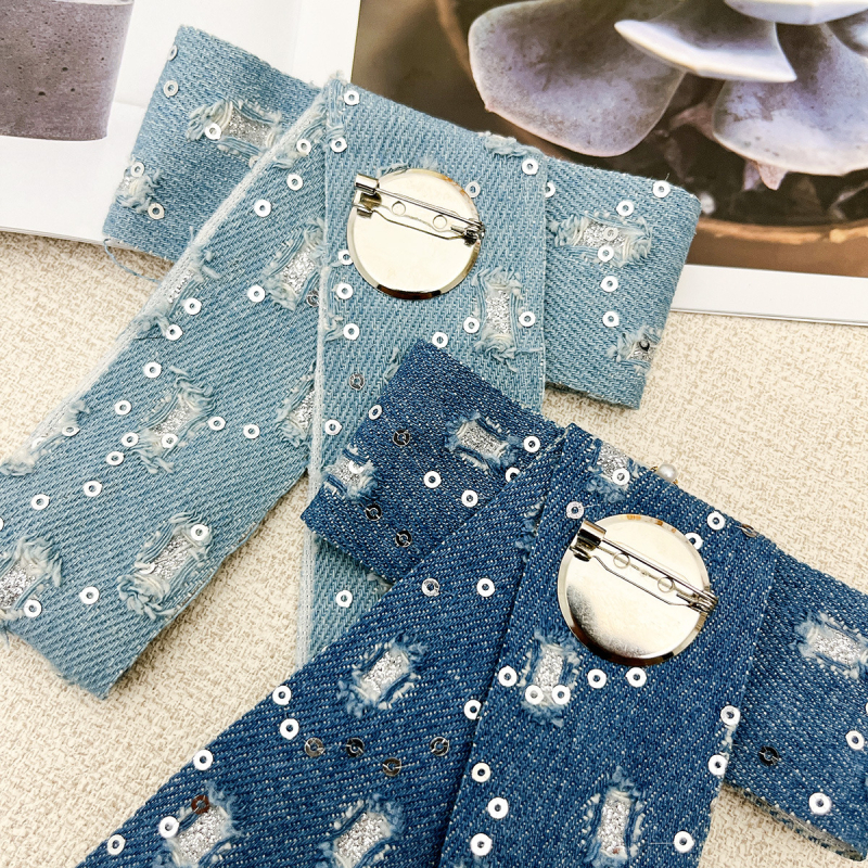 Denim με παγιέτες σε σχήμα καμέλιας, φιόγκος για κολάρο, χειροποίητο, unisex
