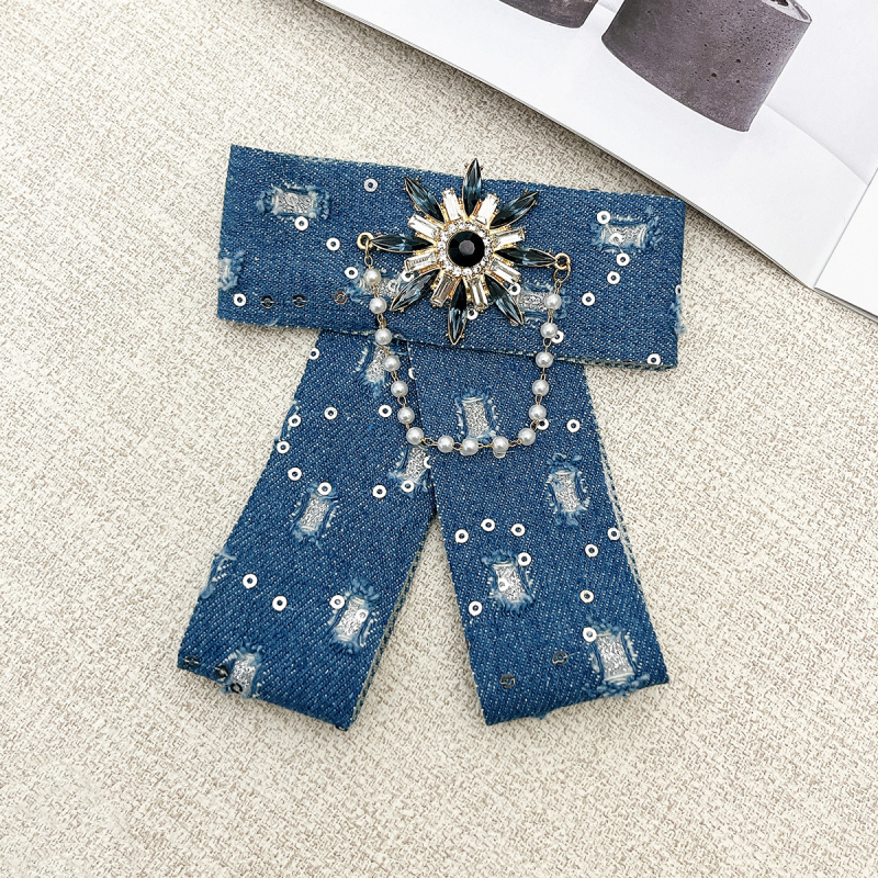 Denim με παγιέτες σε σχήμα καμέλιας, φιόγκος για κολάρο, χειροποίητο, unisex