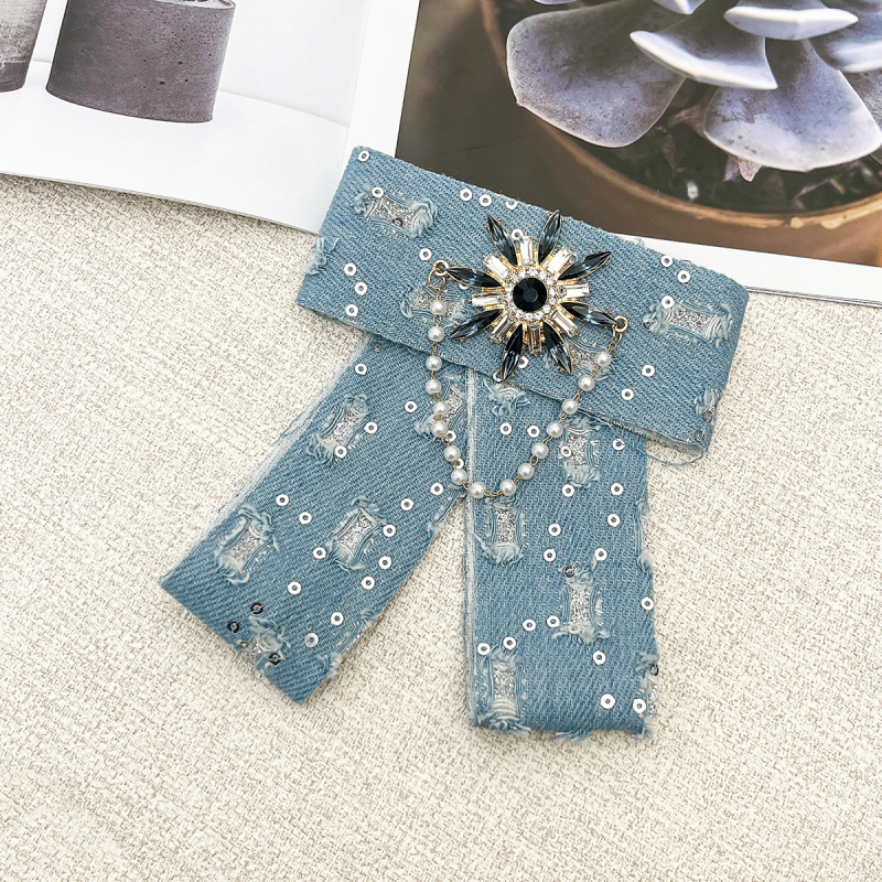 Denim με παγιέτες σε σχήμα καμέλιας, φιόγκος για κολάρο, χειροποίητο, unisex