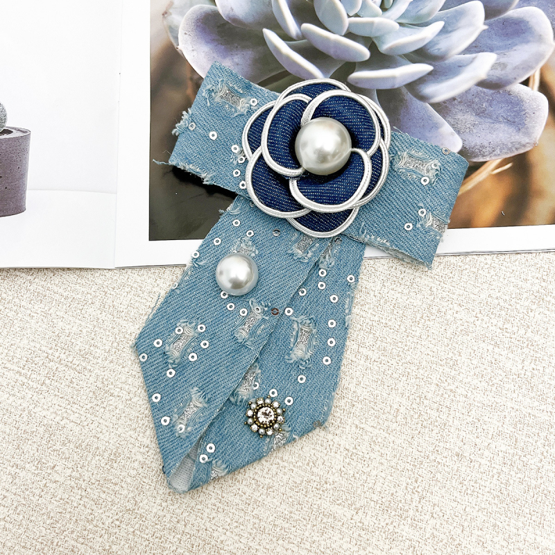 Denim με παγιέτες σε σχήμα καμέλιας, φιόγκος για κολάρο, χειροποίητο, unisex