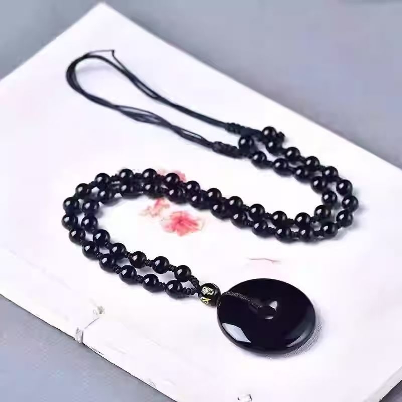 Обсидианова огърлица с геометрична форма и радужни очи – полирана обработка, китайски стил, литературно ретро