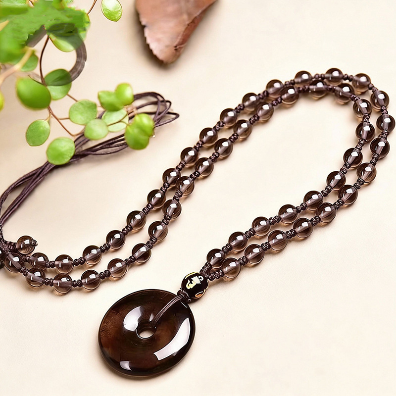 Обсидианова огърлица с геометрична форма и радужни очи – полирана обработка, китайски стил, литературно ретро