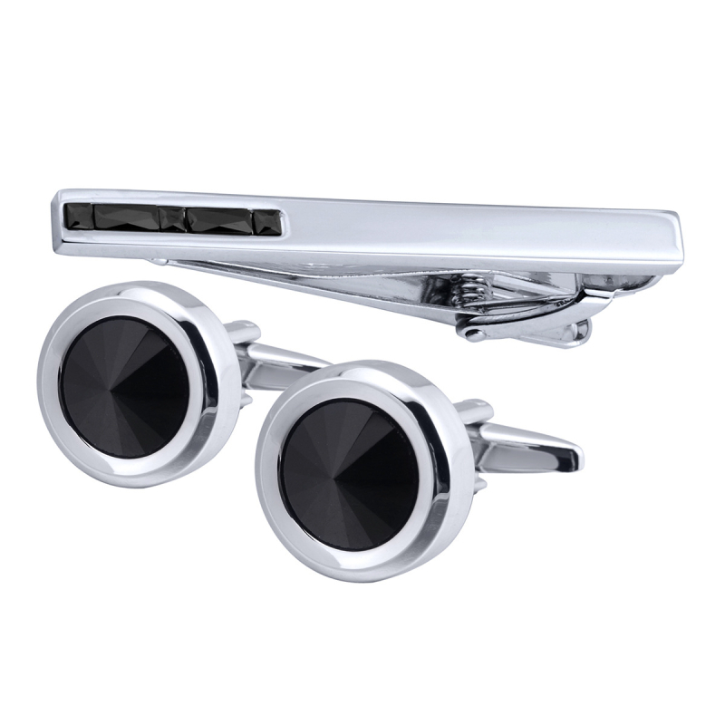 Set din alamă cu nasturi pentru manșete și clips pentru cravată, cu zircon alb, pentru bărbați