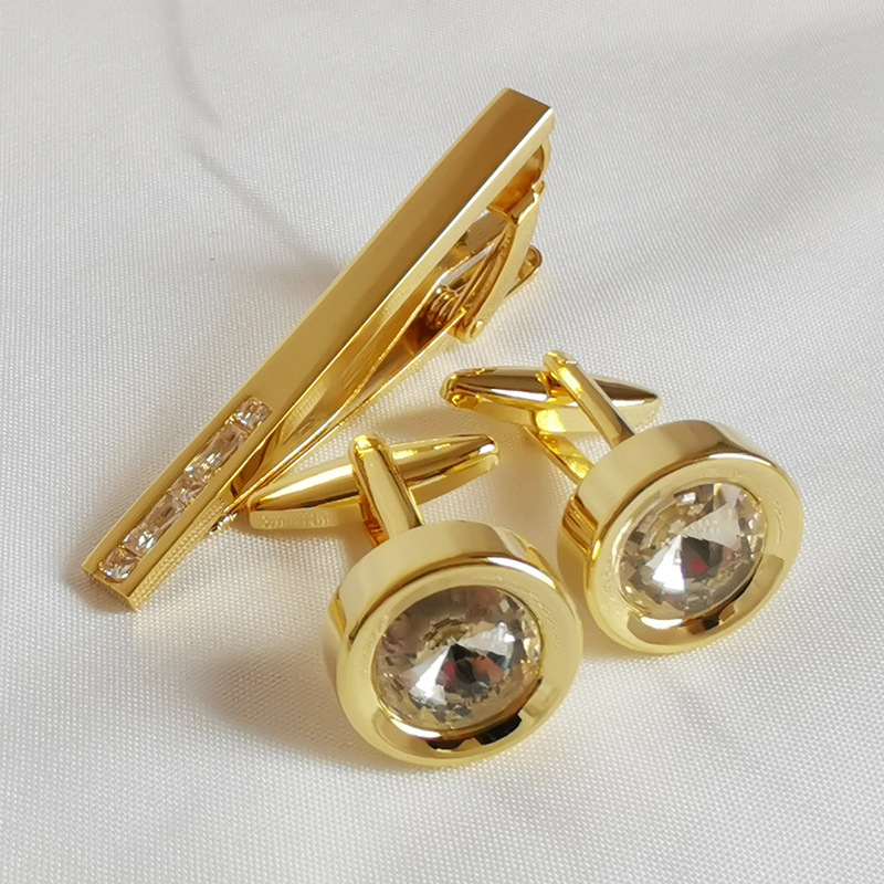 Set din alamă cu nasturi pentru manșete și clips pentru cravată, cu zircon alb, pentru bărbați