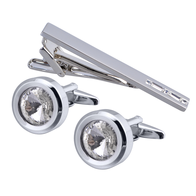 Set din alamă cu nasturi pentru manșete și clips pentru cravată, cu zircon alb, pentru bărbați