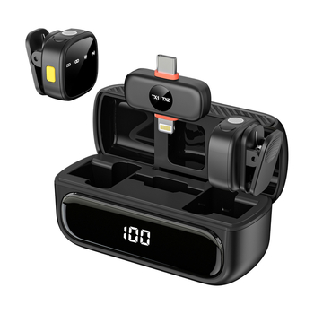 Lavalier mikrofons tiešraidei - omnidirekcionalais, iekšēja akumulatora 300–500 mAh, frekvenču diapazons 20 Hz–20 kHz, SNR ≥70 dB, 2 kanāli