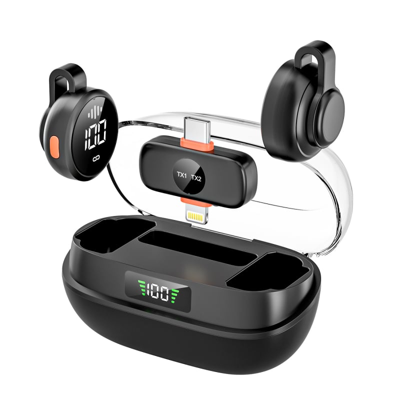 Lavalier mikrofons tiešraidei - omnidirekcionalais, iekšēja akumulatora 300–500 mAh, frekvenču diapazons 20 Hz–20 kHz, SNR ≥70 dB, 2 kanāli