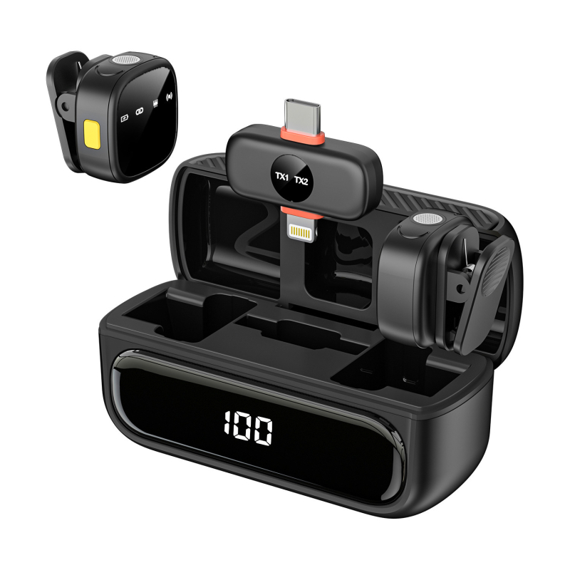 Lavalier mikrofons tiešraidei - omnidirekcionalais, iekšēja akumulatora 300–500 mAh, frekvenču diapazons 20 Hz–20 kHz, SNR ≥70 dB, 2 kanāli