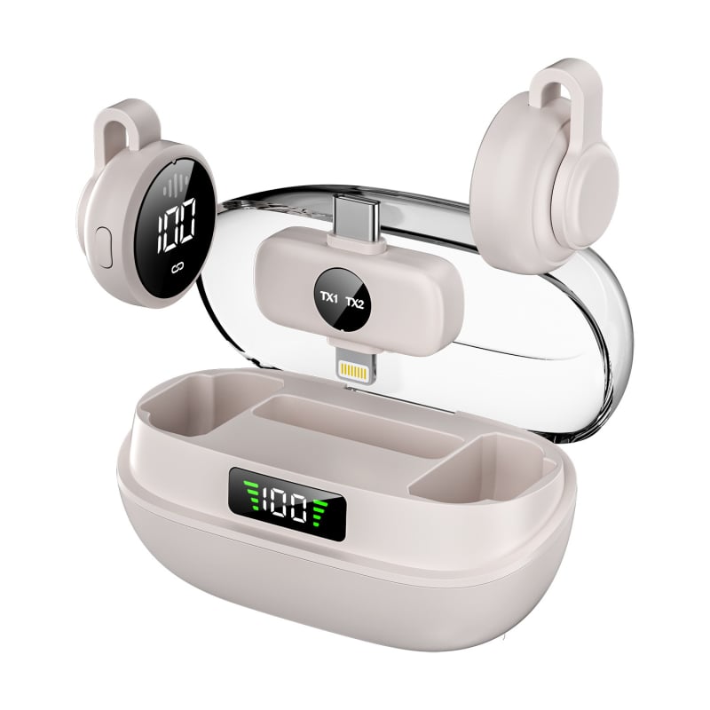 Lavalier mikrofons tiešraidei - omnidirekcionalais, iekšēja akumulatora 300–500 mAh, frekvenču diapazons 20 Hz–20 kHz, SNR ≥70 dB, 2 kanāli