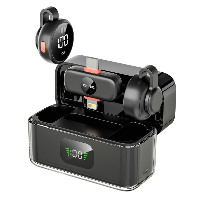 Lavalier mikrofons tiešraidei - omnidirekcionalais, iekšēja akumulatora 300–500 mAh, frekvenču diapazons 20 Hz–20 kHz, SNR ≥70 dB, 2 kanāli