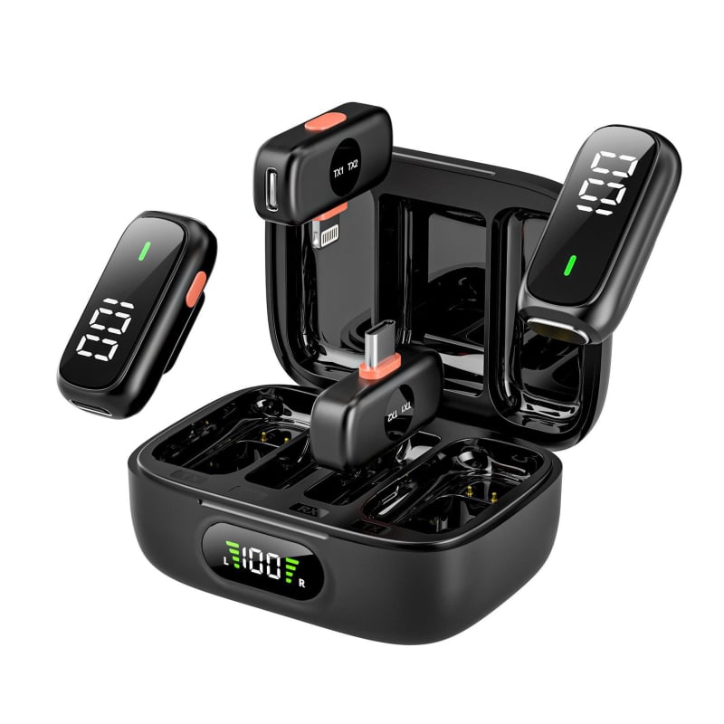 Lavalier mikrofons tiešraidei - omnidirekcionalais, iekšēja akumulatora 300–500 mAh, frekvenču diapazons 20 Hz–20 kHz, SNR ≥70 dB, 2 kanāli