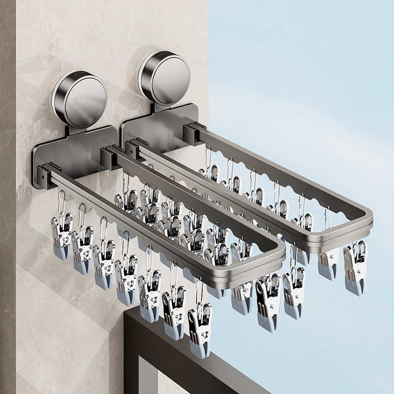 Danle Balkono džiovyklių laikiklis su siurbimo taurėmis, sulankstomas su keliomis klipėmis, sieninis, skirtas apatiniams drabužiams ir kojinėms, modelis 115, medžiagos: Space aluminum + carbon steel + silicone + plastic