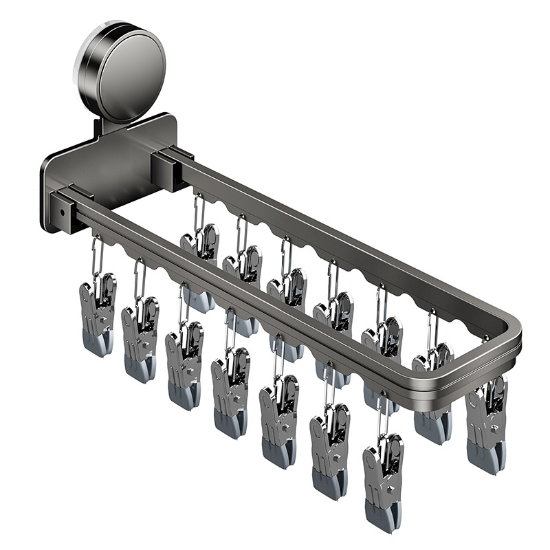 Danle Balkono džiovyklių laikiklis su siurbimo taurėmis, sulankstomas su keliomis klipėmis, sieninis, skirtas apatiniams drabužiams ir kojinėms, modelis 115, medžiagos: Space aluminum + carbon steel + silicone + plastic