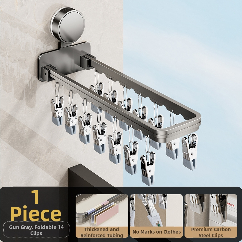 Danle Balkono džiovyklių laikiklis su siurbimo taurėmis, sulankstomas su keliomis klipėmis, sieninis, skirtas apatiniams drabužiams ir kojinėms, modelis 115, medžiagos: Space aluminum + carbon steel + silicone + plastic