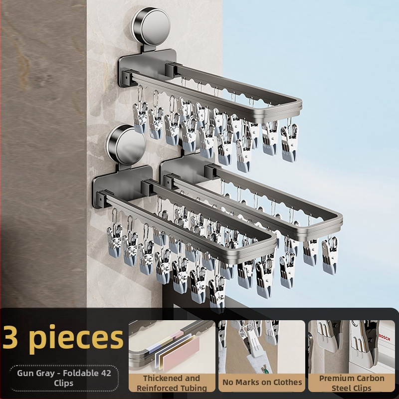 Danle Balkono džiovyklių laikiklis su siurbimo taurėmis, sulankstomas su keliomis klipėmis, sieninis, skirtas apatiniams drabužiams ir kojinėms, modelis 115, medžiagos: Space aluminum + carbon steel + silicone + plastic