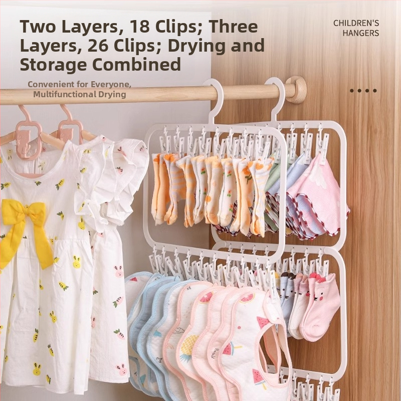 Detská vešiak na oblečenie s viacerými klipsami — plastová, model 2619; dvojité vrstvy s 18 klipsami a trojité vrstvy s 26 klipsami; vhodné na oblečenie, nohavice a kravaty