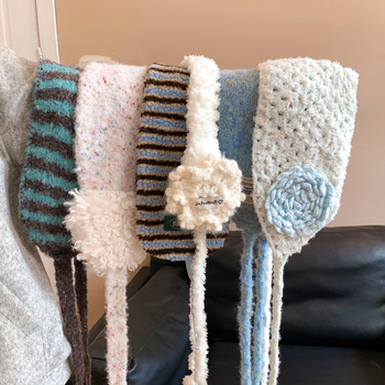 Γούνινα πλεκτά ακουστικά προστασίας αυτιών με δέσιμο, για γυναίκες, χειμώνας σε εξωτερικούς χώρους, Κορεατικό στυλ