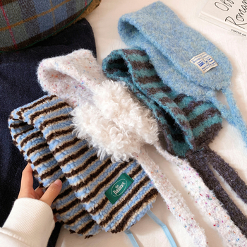 Γούνινα πλεκτά ακουστικά προστασίας αυτιών με δέσιμο, για γυναίκες, χειμώνας σε εξωτερικούς χώρους, Κορεατικό στυλ