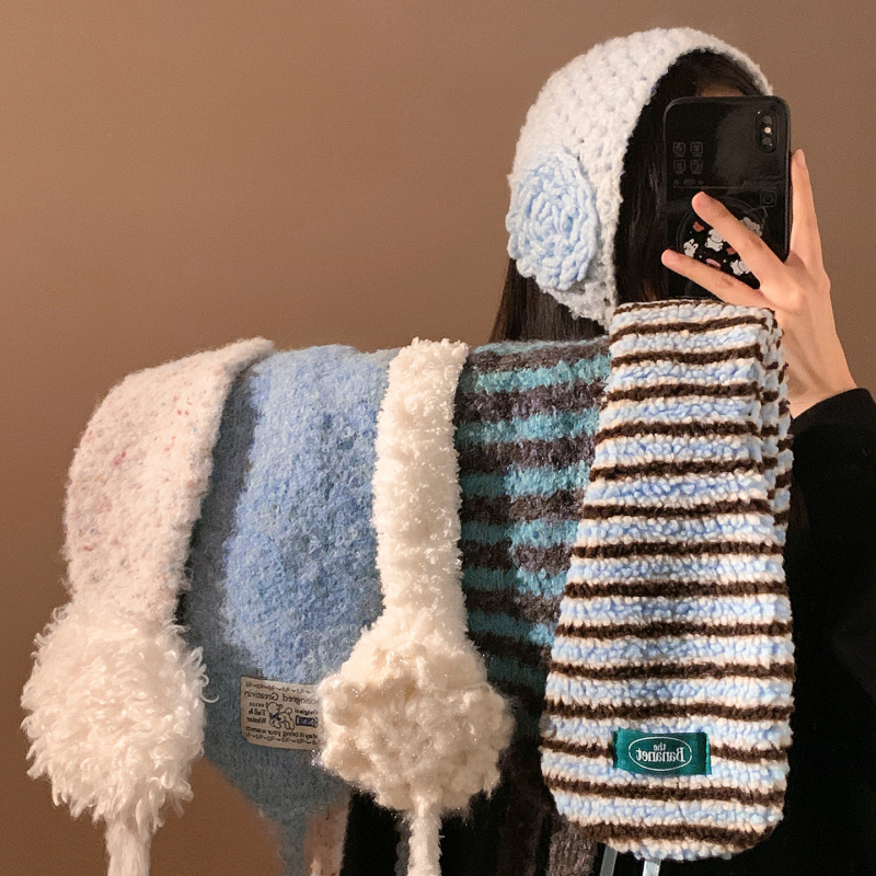 Γούνινα πλεκτά ακουστικά προστασίας αυτιών με δέσιμο, για γυναίκες, χειμώνας σε εξωτερικούς χώρους, Κορεατικό στυλ