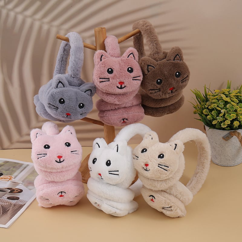 Plyšové ušné ochranné na zimu i jeseň, karikatúrny vzor, dámsky model, štýl Lovely • Materiál: plyš • Funkcia: ochrana proti chladu • Sezóna: zima a jeseň