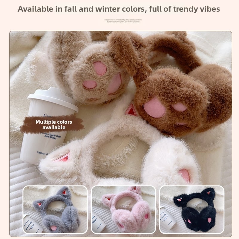 Mačací labka plüssové ušné ochrany pre ženy — teplé, vetruodolné, podšité fleece (Materiál: polyester; Sezóna: zima/jeseň; Pohlavie: žena; Vzor: jednobarevný)