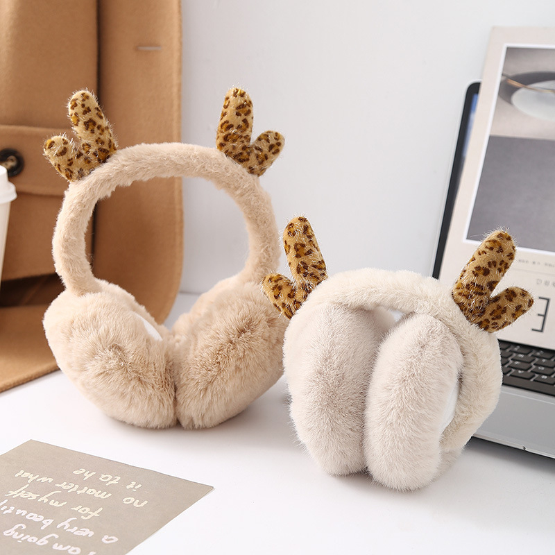 Корейски стил зимни ушни предпазители, леопардов принт и рогчета, плюшени и сгъваеми, унисекс за възрастни