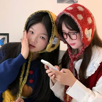 Зимни ушни защити – топли и удебелени, плетена лента с точков модел, сгъваеми и универсални, за външни условия, полиестер