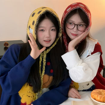 Зимни ушни защити – топли и удебелени, плетена лента с точков модел, сгъваеми и универсални, за външни условия, полиестер