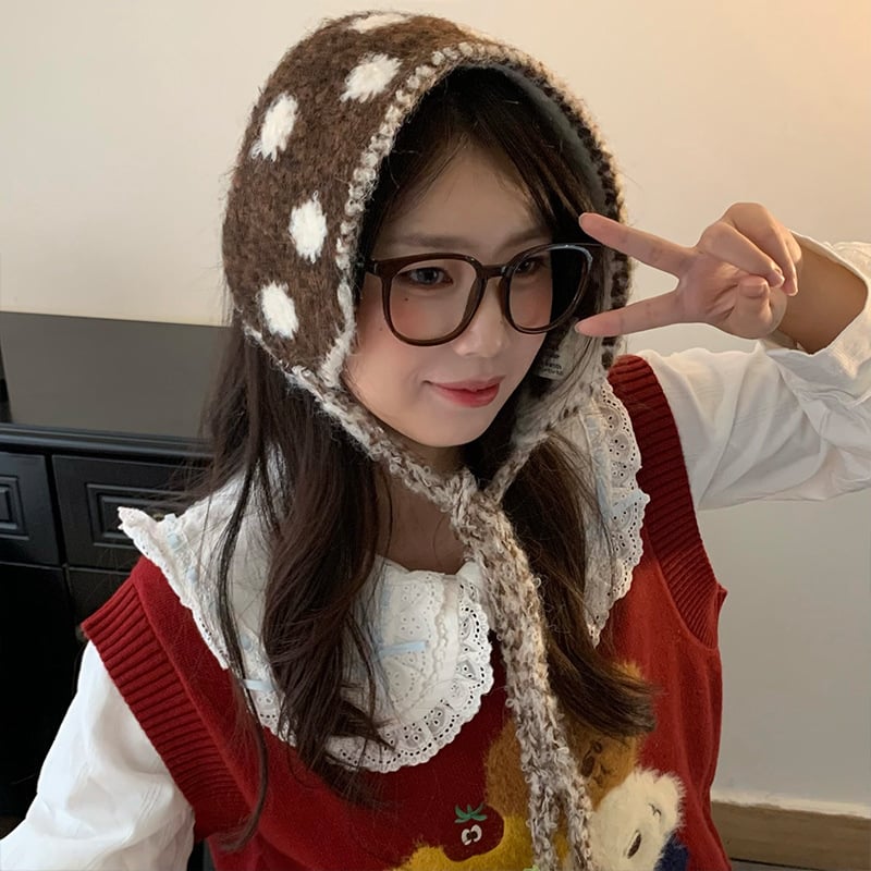 Зимни ушни защити – топли и удебелени, плетена лента с точков модел, сгъваеми и универсални, за външни условия, полиестер