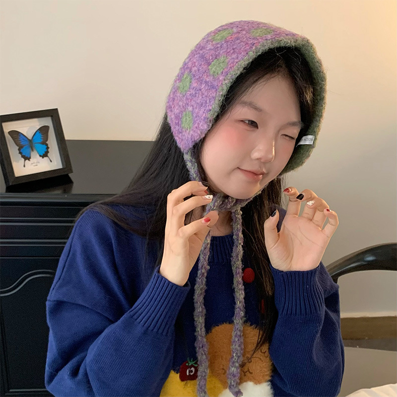 Зимни ушни защити – топли и удебелени, плетена лента с точков модел, сгъваеми и универсални, за външни условия, полиестер