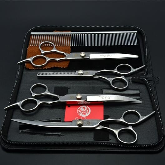 Комплект ножици за подстригване на кучета: прави и извити ножици за подстригване на козината, набор за грижа за козината, коприна цветя