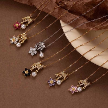 Медна огърлица с цвете и смесени камъни, O-образна верига, многослойна, дължина 41–50 см